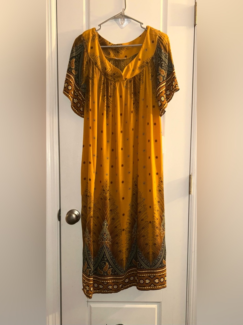 Ekouaer Yellow Peacock Feather Boho MuuMuu Dress XL Paisley Loungewear